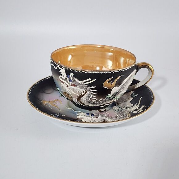 Vintage Dragonware Tea Cup & Saucer Occupied Japan Orange & Black - Picture 1 of 10